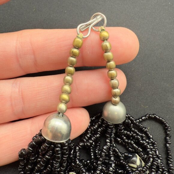 Vintage Multi-Strand Black Seed Beaded Necklace With Tribal Patterned Beads - Picture 7 of 9